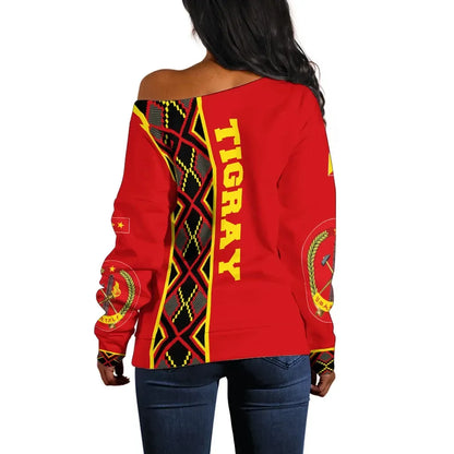 Tigray Off Shoulder Sweater Tigray Maps Africa Pattern Red
