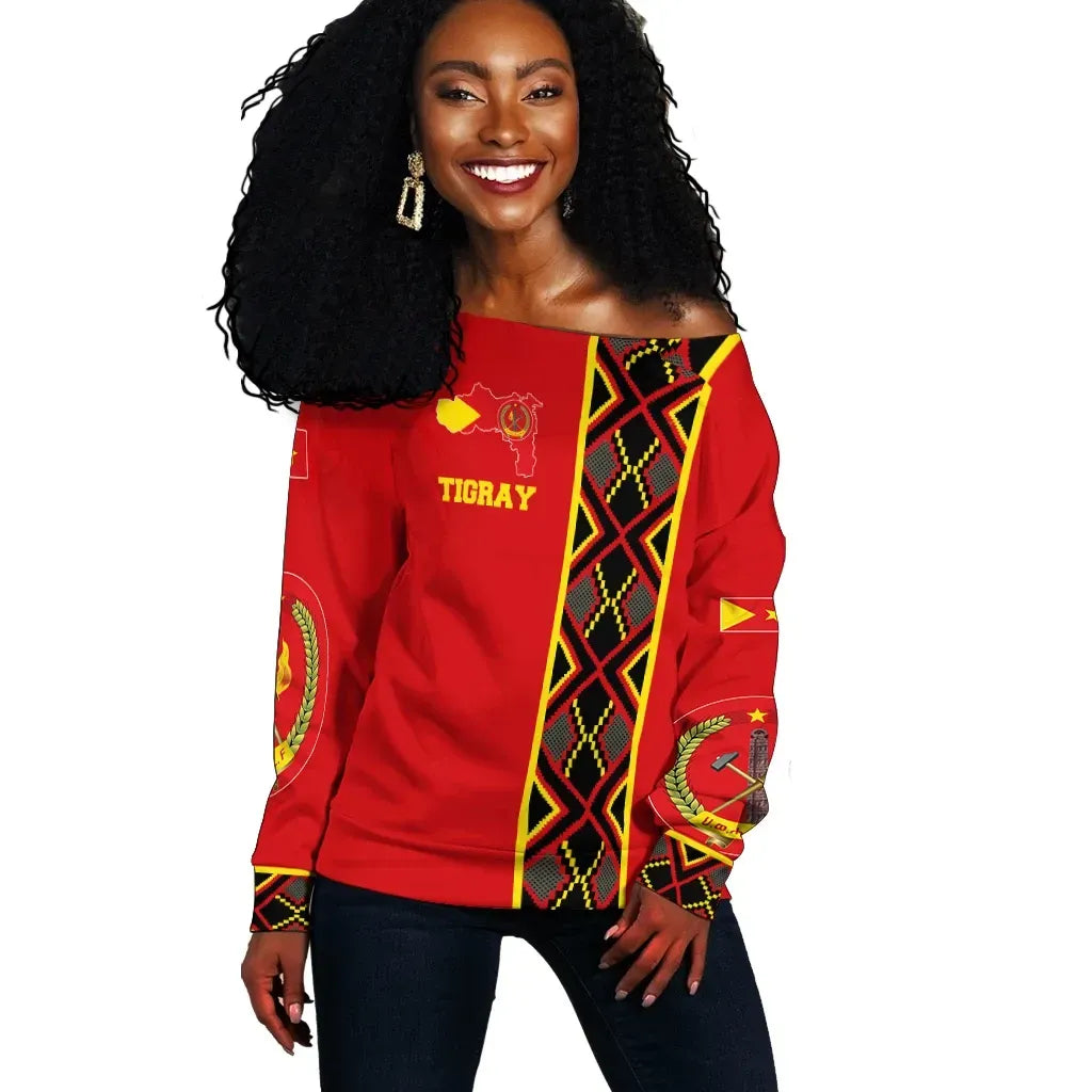 Tigray Off Shoulder Sweater Tigray Maps Africa Pattern Red