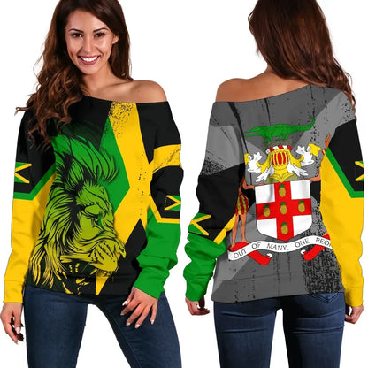 Jamaica Lion Flag And Coat Of Arm Women's Off Shoulder Sweater