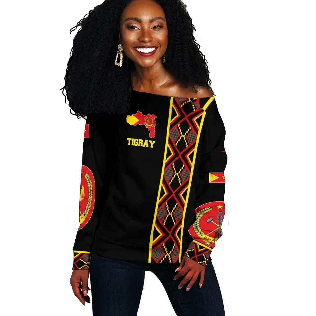 Tigray Off Shoulder Sweater Tigray Maps Africa Pattern Black