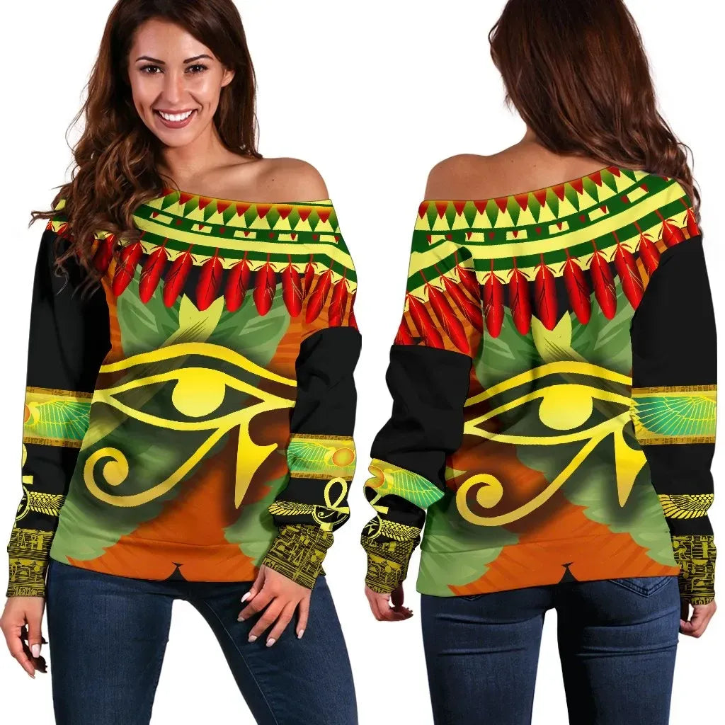 Horus Eye Women Off Shoulder Sweater Ankh Egypt Eagle Wings