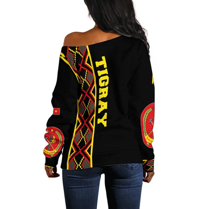 Tigray Off Shoulder Sweater Tigray Maps Africa Pattern Black
