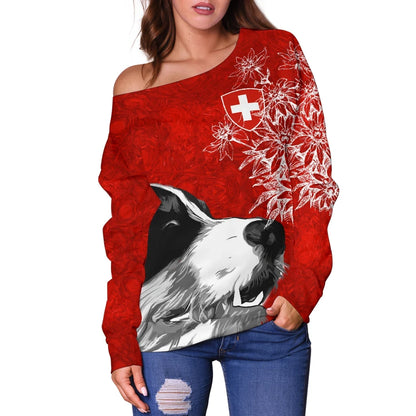 Switzerland Off Shoulder Sweater Bernese Mountain Dog and Edelweiss