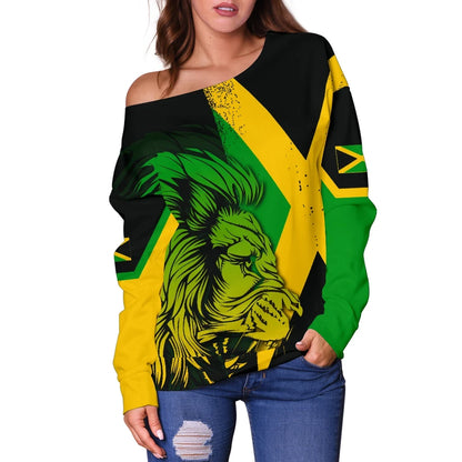 Jamaica Lion Flag And Coat Of Arm Women's Off Shoulder Sweater