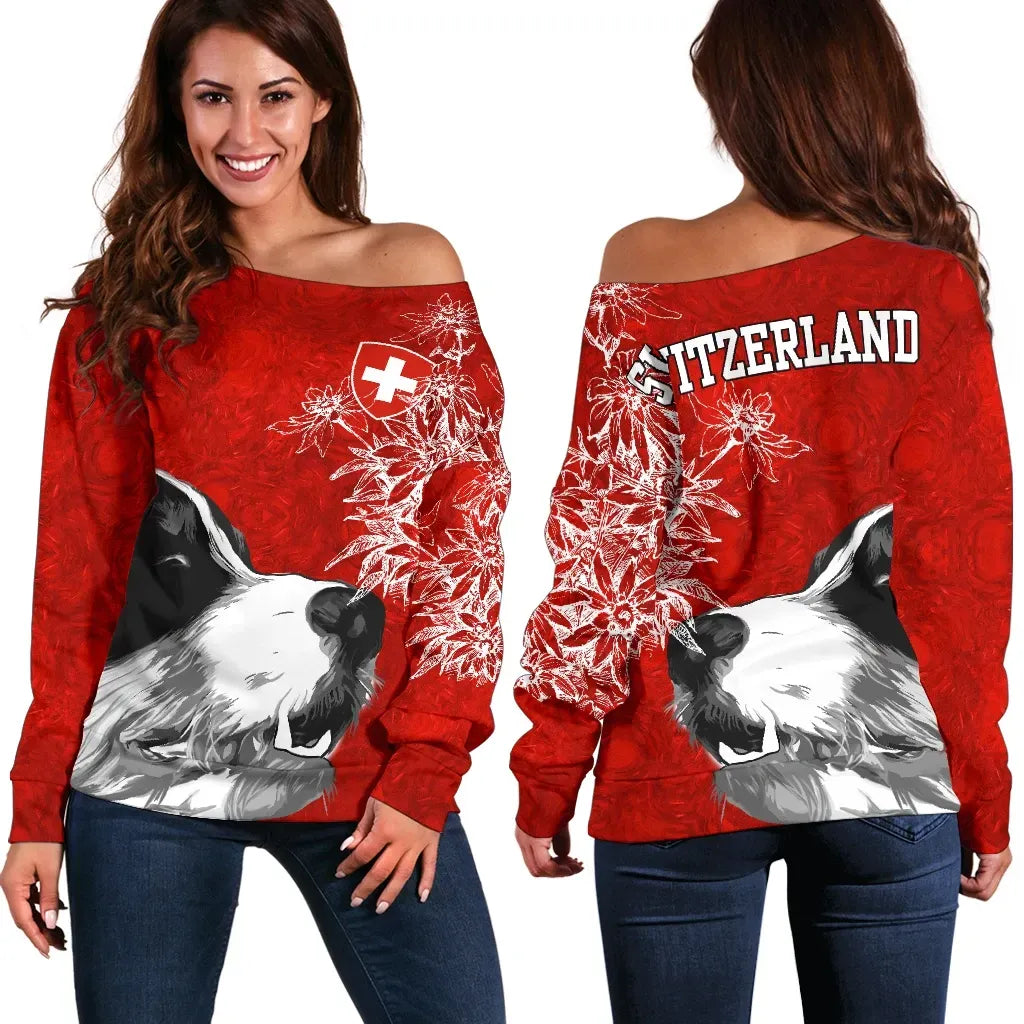 Switzerland Off Shoulder Sweater Bernese Mountain Dog and Edelweiss