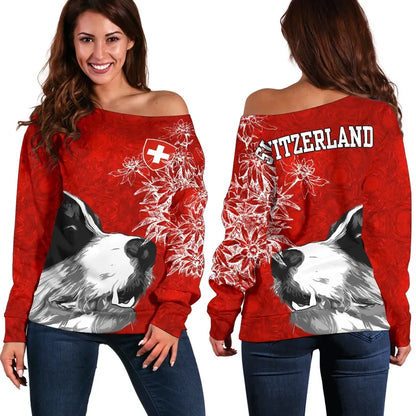 Switzerland Off Shoulder Sweater Bernese Mountain Dog and Edelweiss