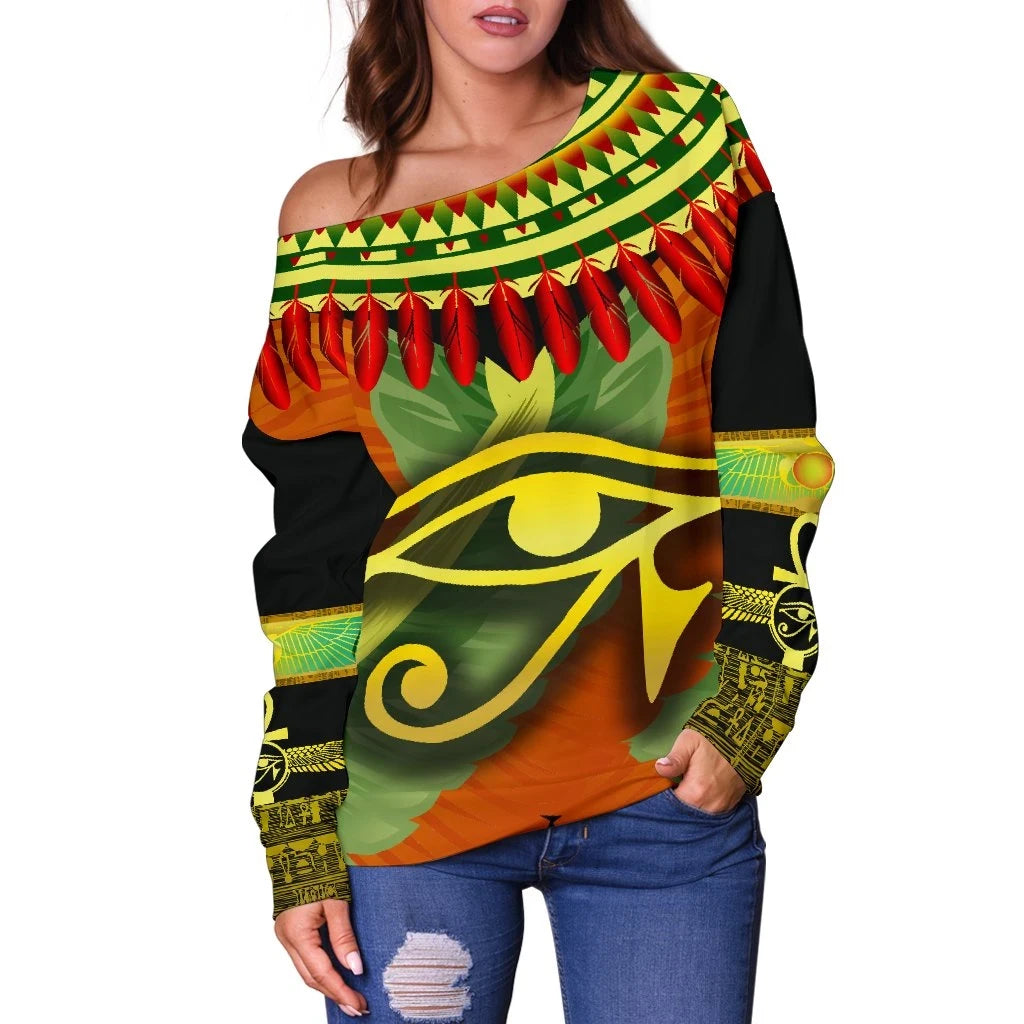 Horus Eye Women Off Shoulder Sweater Ankh Egypt Eagle Wings