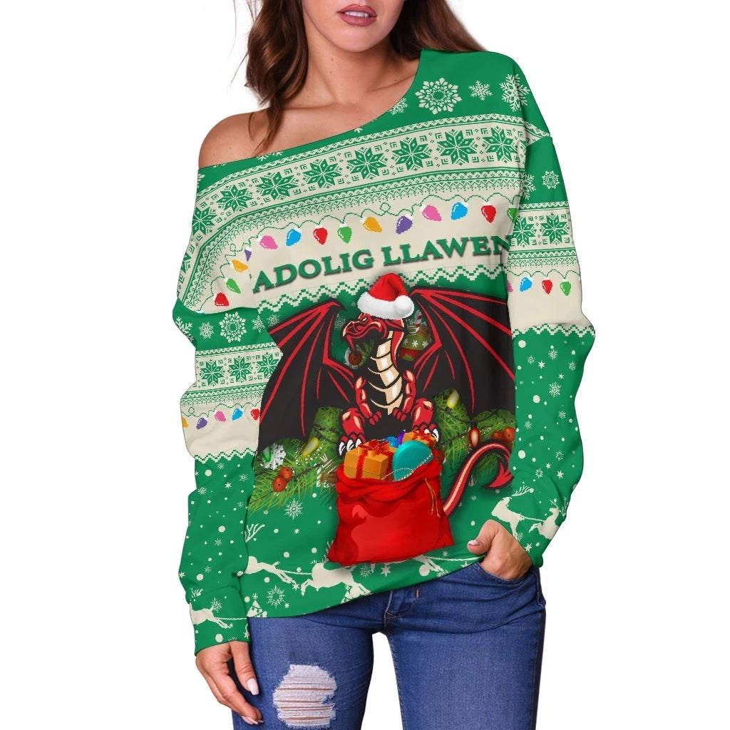 Cymru Christmas Women Off Shoulder Sweater Warm Vibes Green