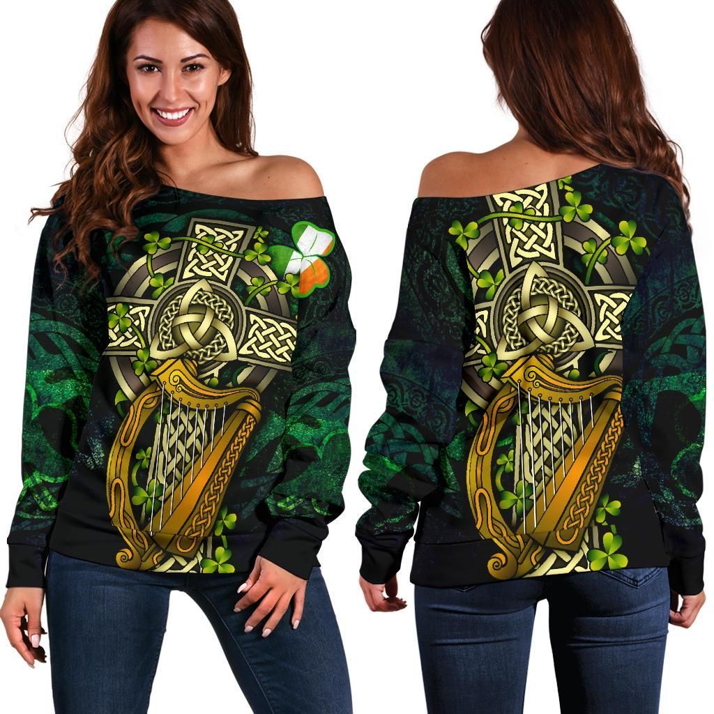Ireland Celtic Women's Off Shoulder Sweater Ireland Coat Of Arms with Celtic Cross