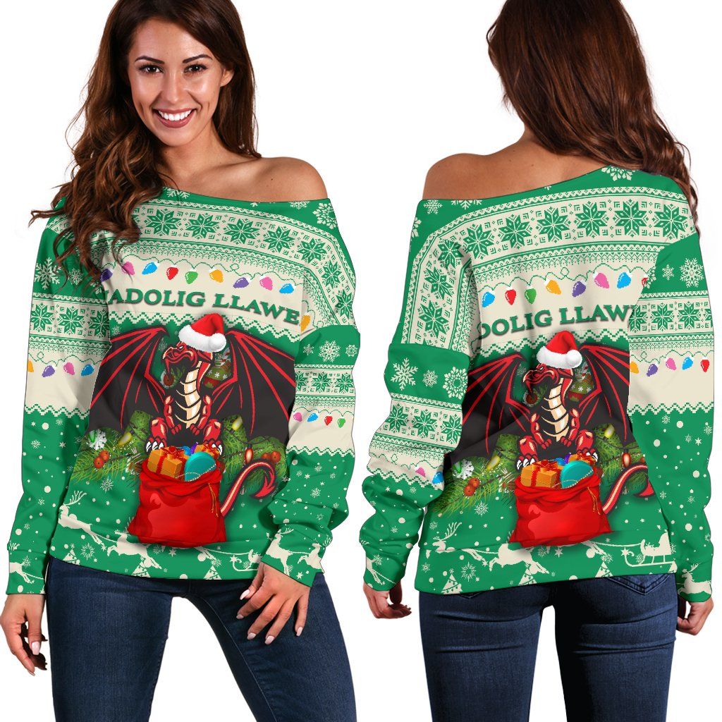 Cymru Christmas Women Off Shoulder Sweater Warm Vibes Green