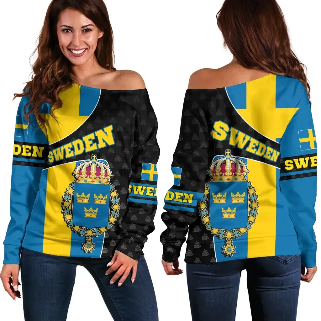 Sweden Off Shoulder Sweater Flag and Valknut Symbols