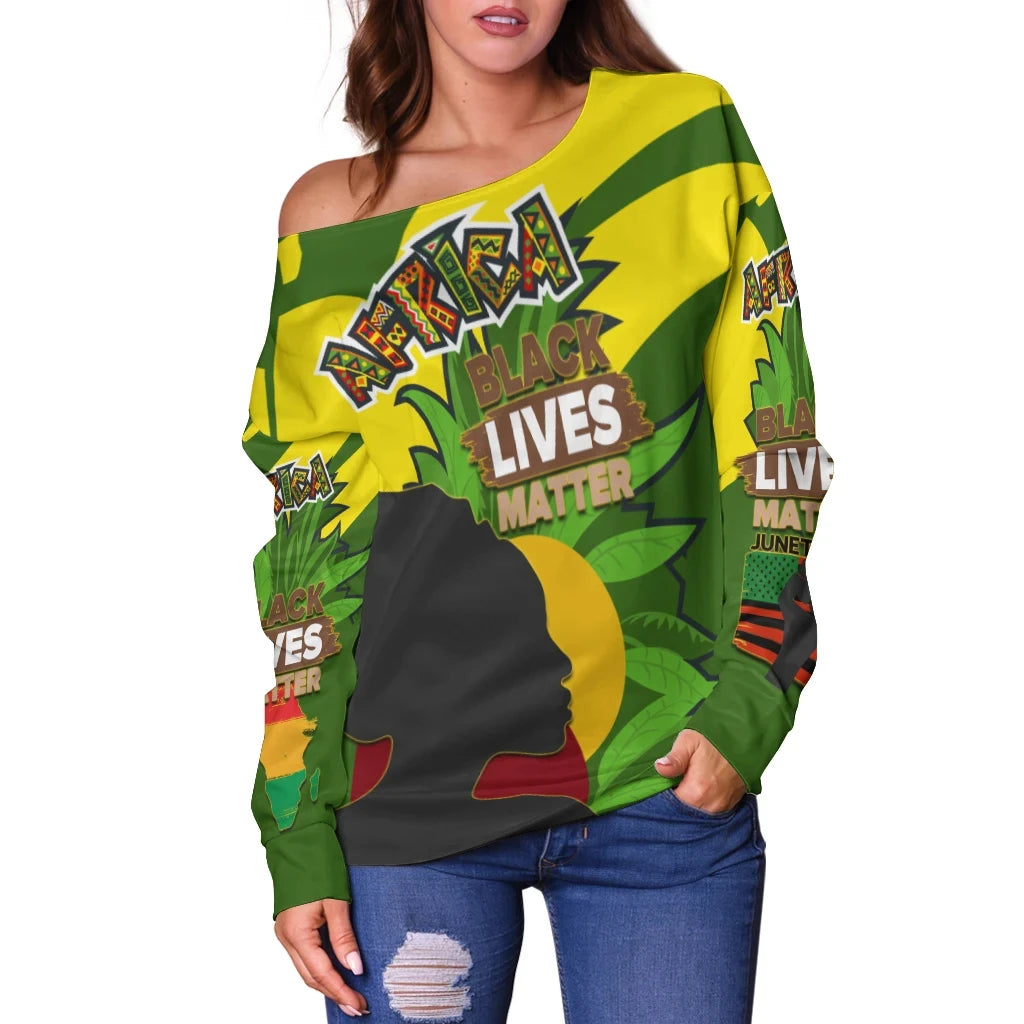 African Pride Women's Off Shoulder Sweater Black Lives Matter Happy Black History Month 2021