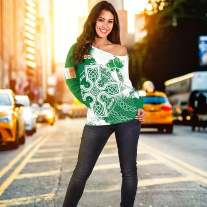 Ireland Celtic Off Shoulder Sweater Irish Celtic Cross