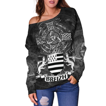 Celtic Women's Off Shoulder Sweater Brittany Flag With Celtic Cross