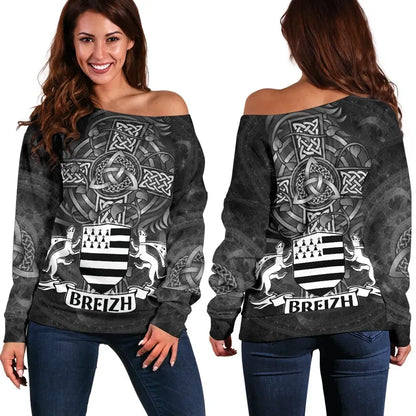Celtic Women's Off Shoulder Sweater Brittany Flag With Celtic Cross