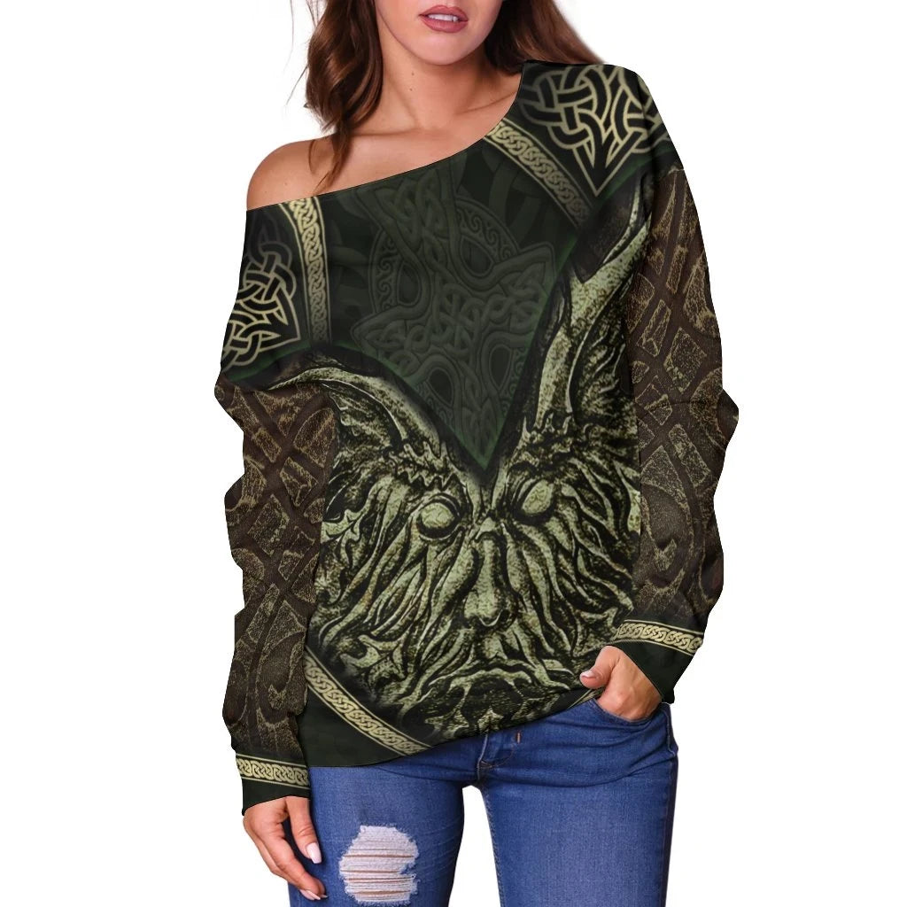 Celtic Green Man Women's Off Shoulder Sweater Vintage Green Man with Celtic Cross
