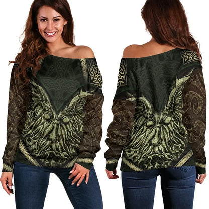 Celtic Green Man Women's Off Shoulder Sweater Vintage Green Man with Celtic Cross