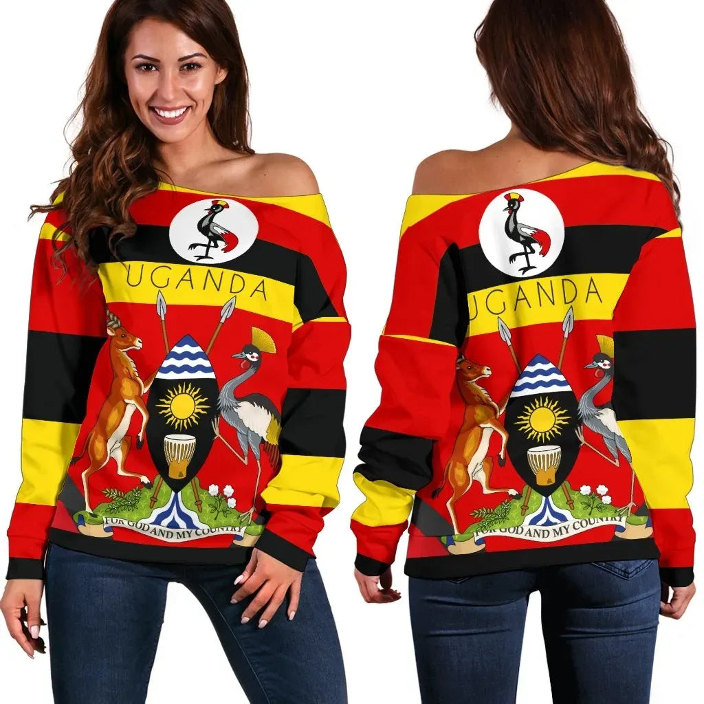 Uganda Pride Women's Off Shoulder Sweater Uganda Flag with Grey Crowned Crane