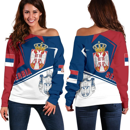 Serbia Women's Off Shoulder Sweater Coat Of Arms Flag Style
