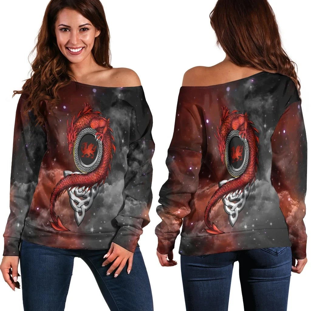 Wales Celtic Women's Off Shoulder Sweater Dragon With Celtic