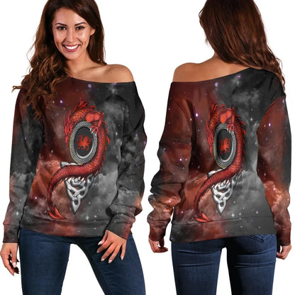 Wales Celtic Women's Off Shoulder Sweater Dragon With Celtic