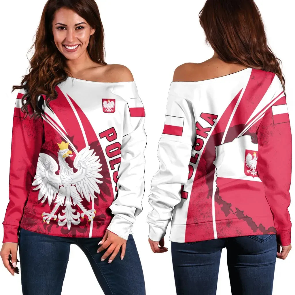 Poland Women's Off Shoulder Sweater Flag And Coat Of Arm Of Poland