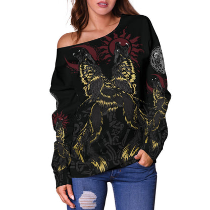 Vikings Off Shoulder Sweater The Wolves Skoll and Hati