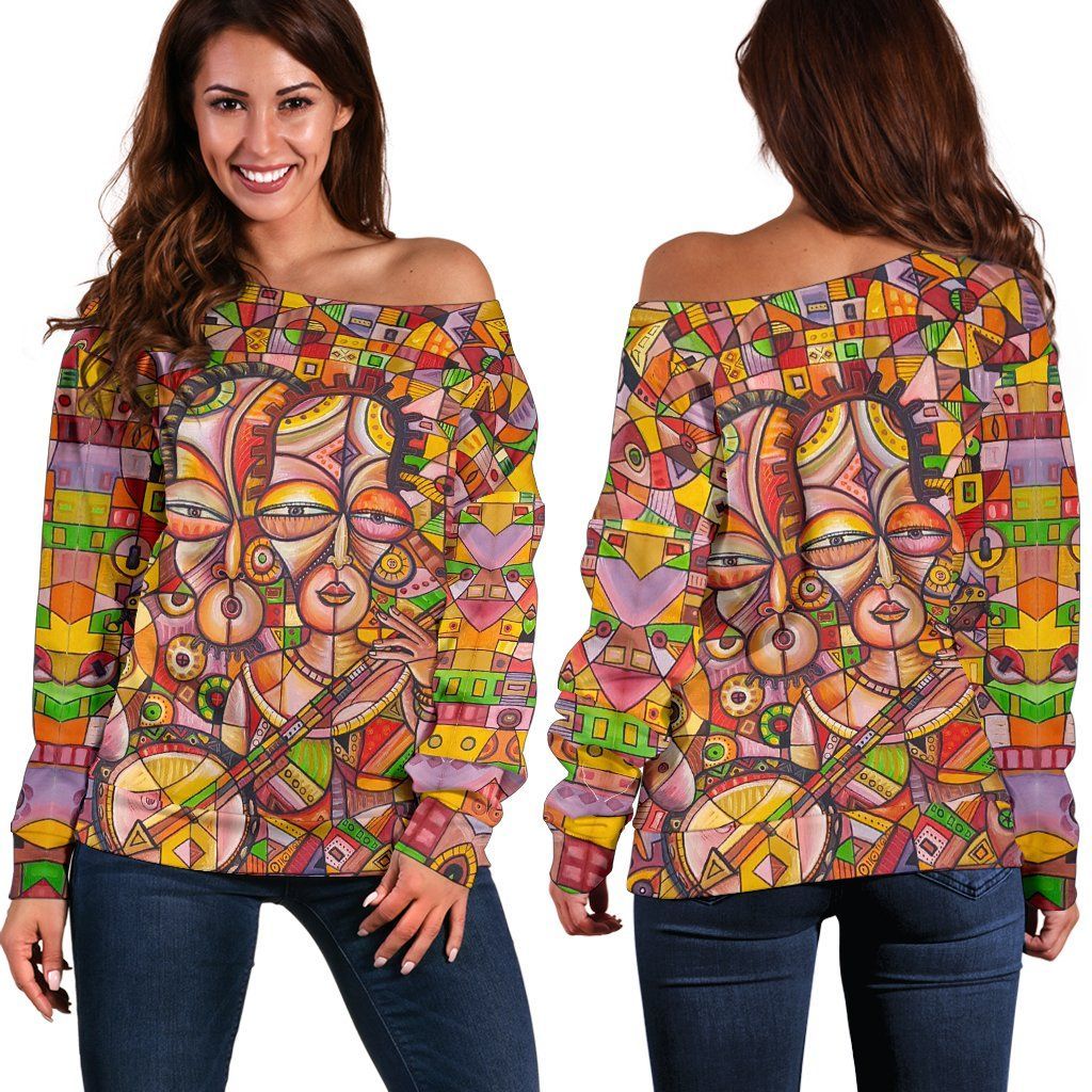 Africa Banjo Players Off Shoulder Sweater