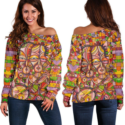 Africa Banjo Players Off Shoulder Sweater