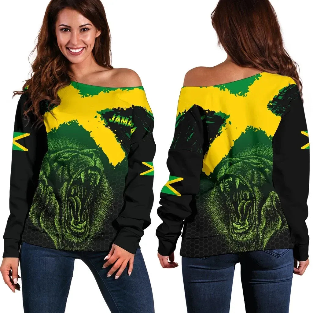 Jamaica Lion Flag Grunge Off Shoulder Sweater