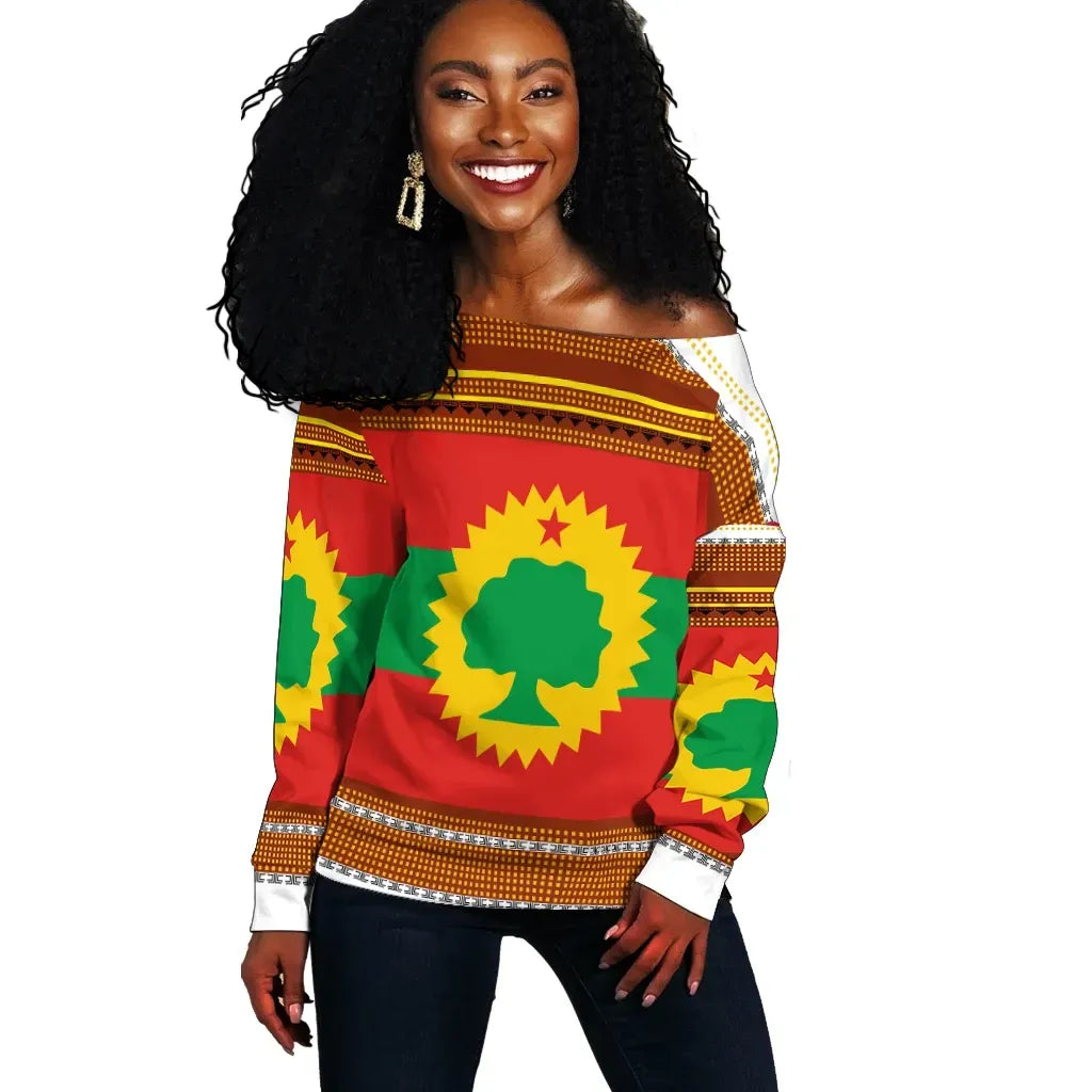 Oromo Off Shoulder Sweater Oromo Flag Maps Culture Pattern