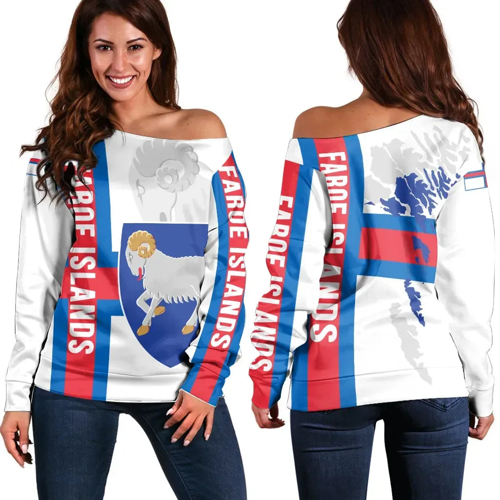 Faroe Islands Women's Off Shoulder Sweater Flag and Coat Of Arms