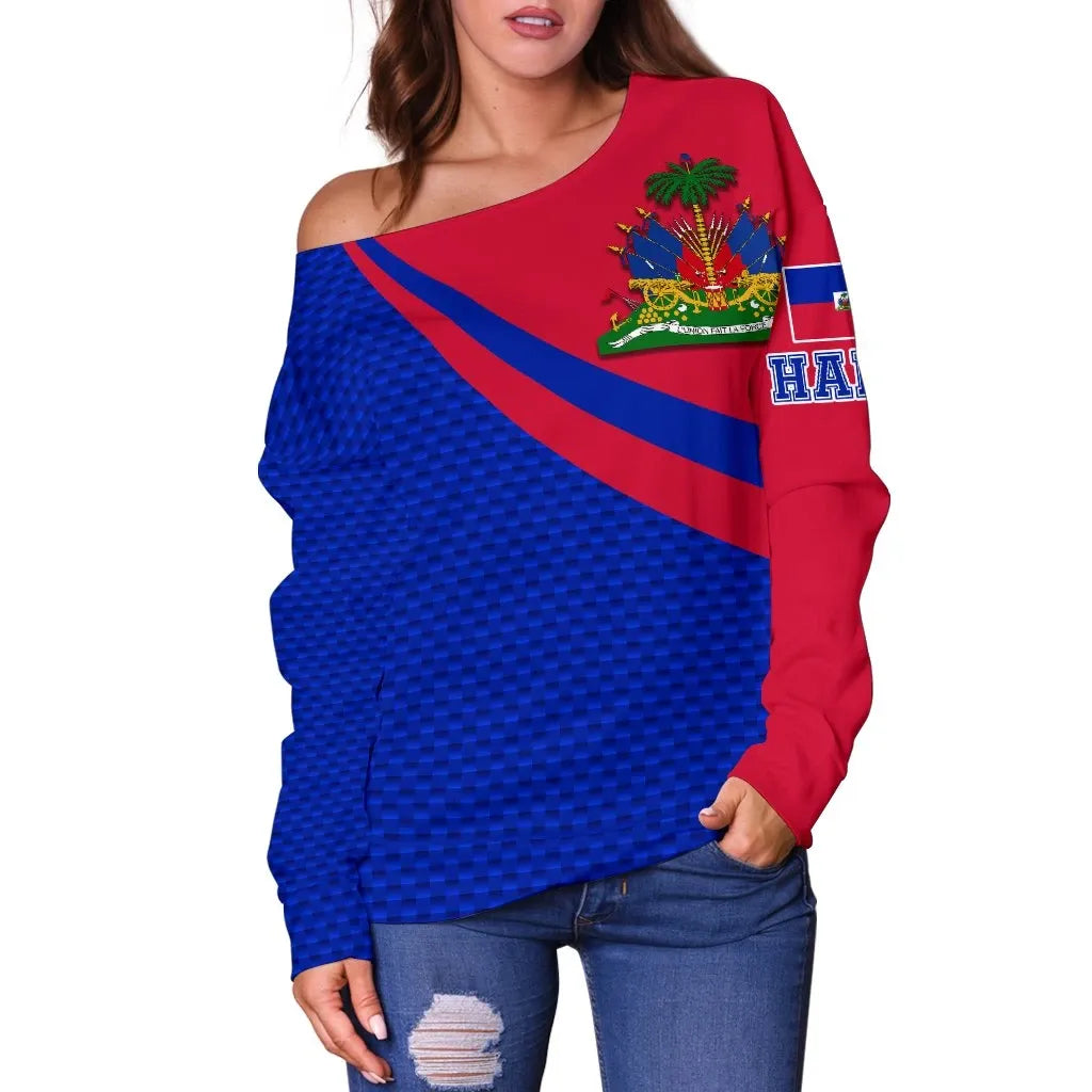 Haiti Women's Off Shoulder Sweater Haiti Coat Of Arms