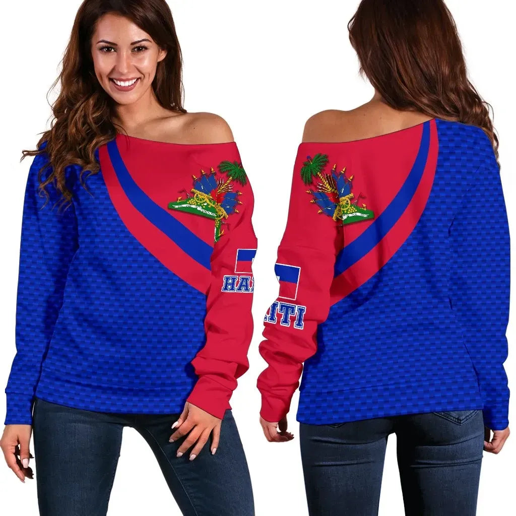 Haiti Women's Off Shoulder Sweater Haiti Coat Of Arms