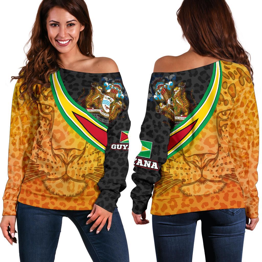 Guyana Women's Off Shoulder Sweater Guyana Coat Of Arms and Jaguar Patterns