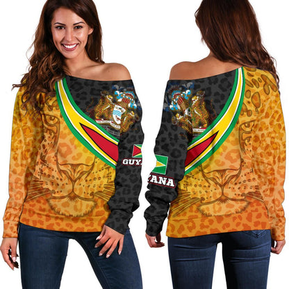Guyana Women's Off Shoulder Sweater Guyana Coat Of Arms and Jaguar Patterns