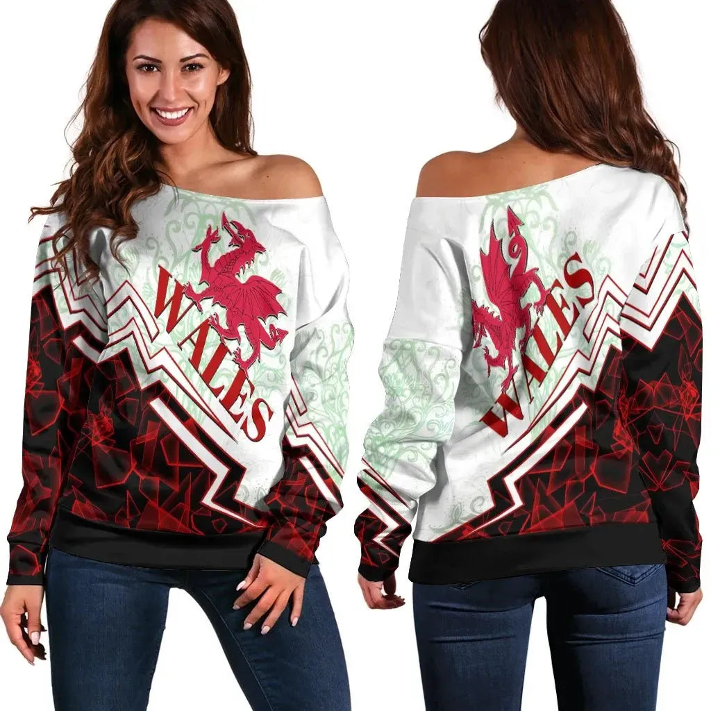 Wales Women's Off Shoulder Sweater Welsh Spirit