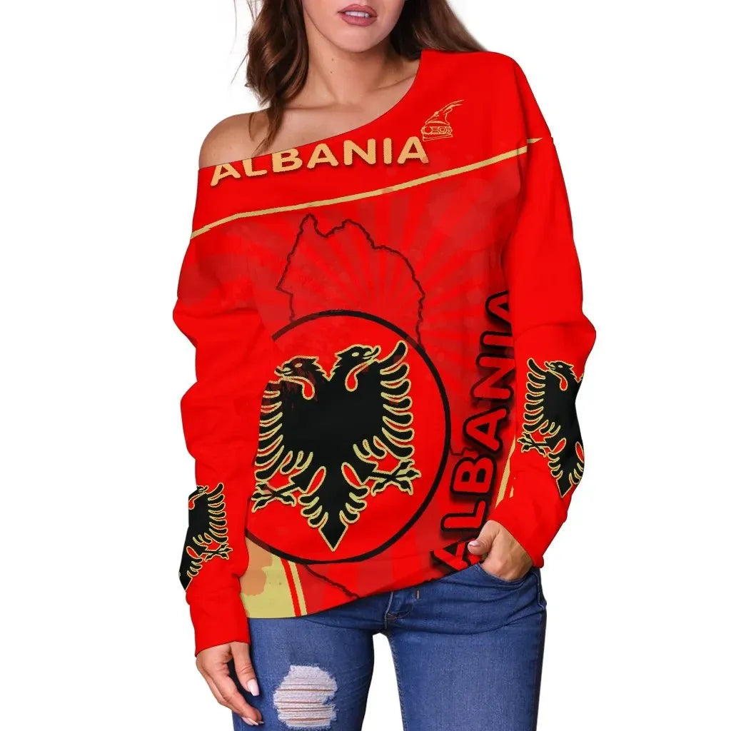 Albania Women Off Shoulder Sweater Circle Stripes Flag Version
