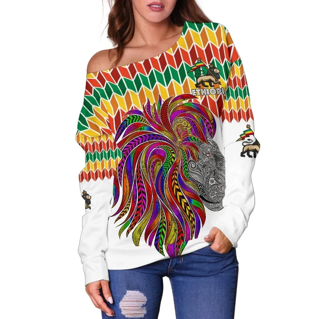 Ethiopia Women's Off Shoulder Sweater Ethiopian Color Lion Pattern