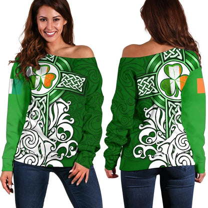 Ireland Celtic Women's Off Shoulder Sweater Irish Shamrock Flag With Celtic Cross