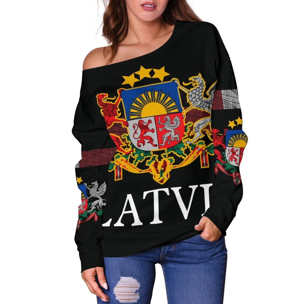 Latvia,United Women's Off Shoulder Sweater