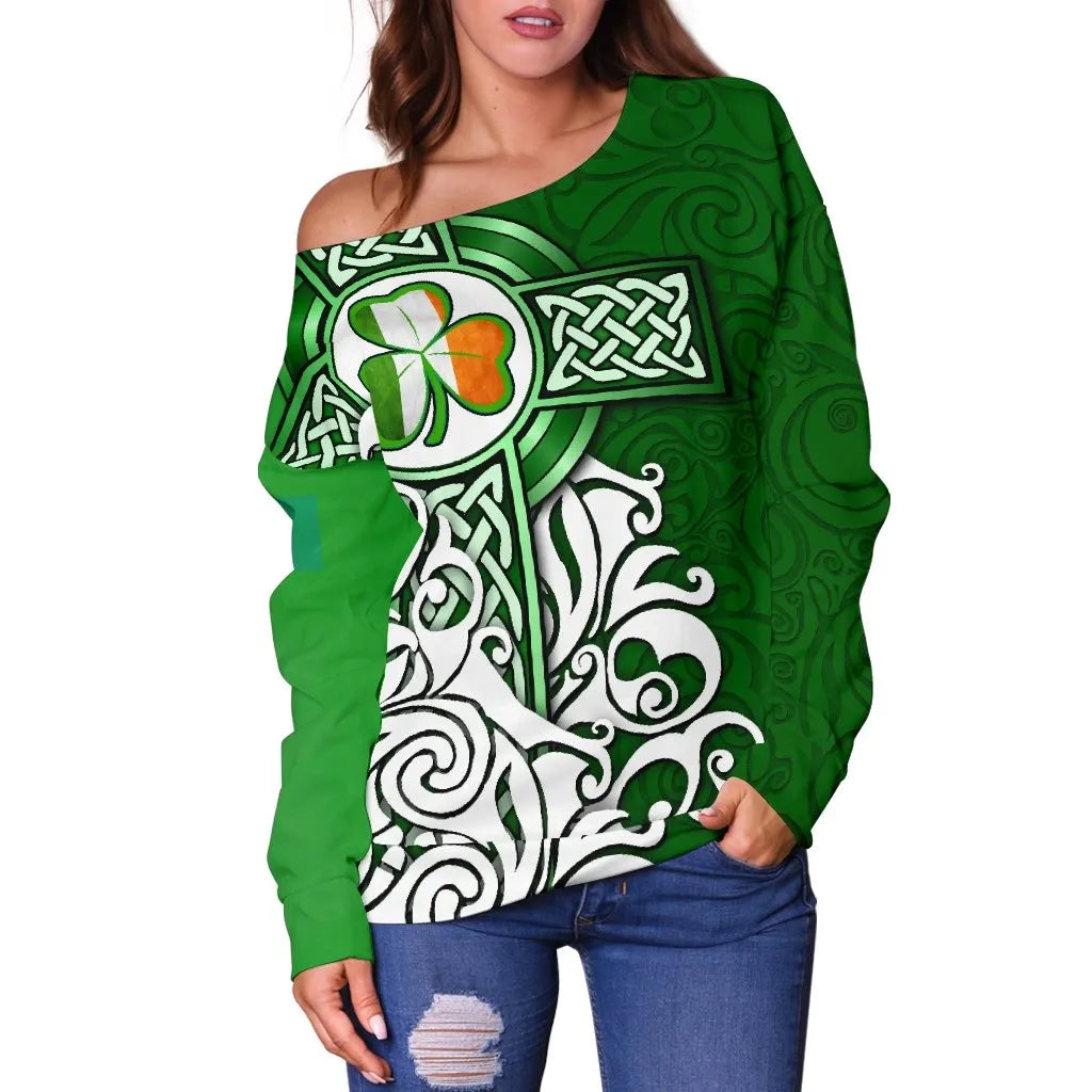 Ireland Celtic Women's Off Shoulder Sweater Irish Shamrock Flag With Celtic Cross