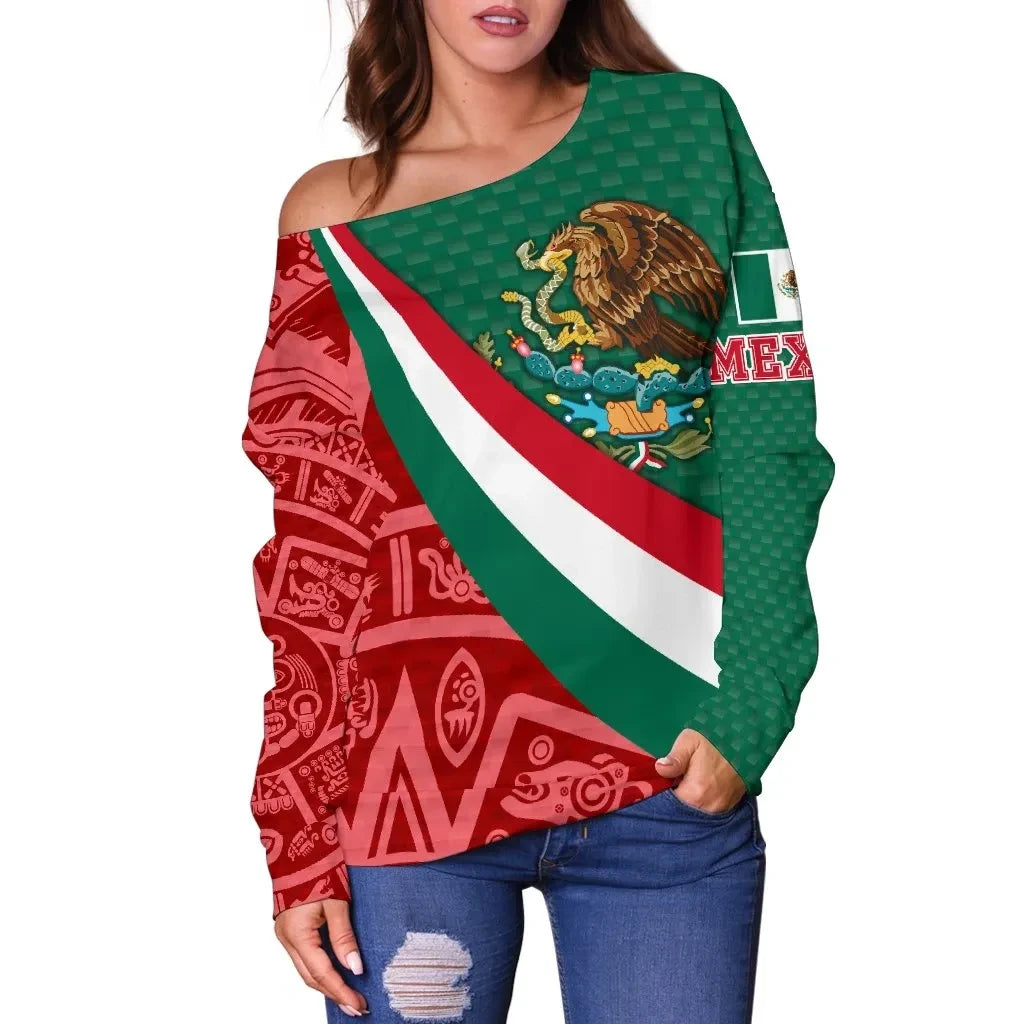 Mexico Women's Off Shoulder Sweater Mexico Coat Of Arms With Aztec Patterns