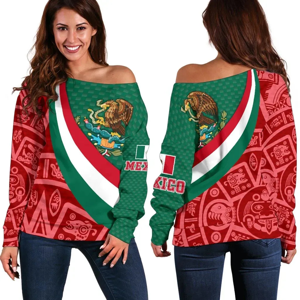 Mexico Women's Off Shoulder Sweater Mexico Coat Of Arms With Aztec Patterns