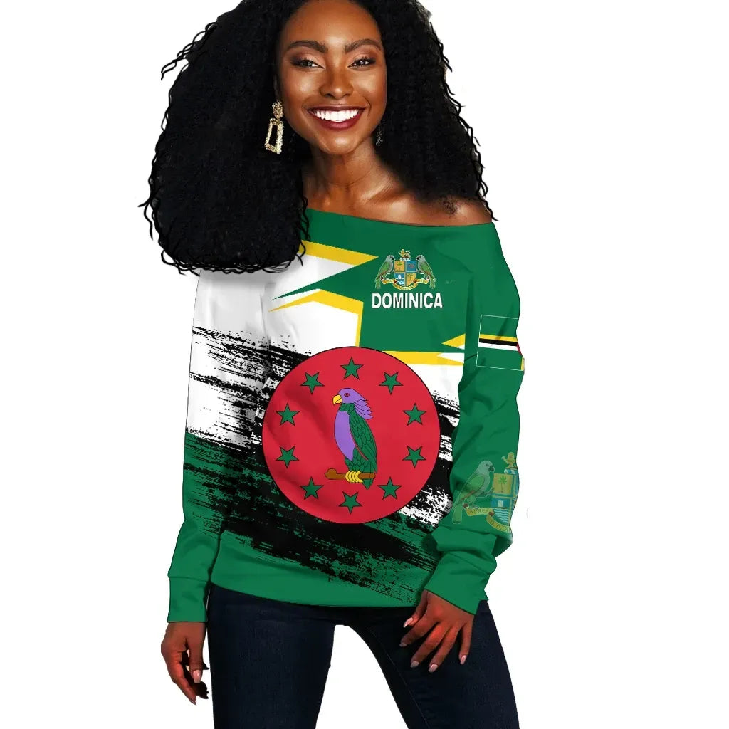 Dominica Flag And Coat Of Arms Women's Off Shoulder Sweater