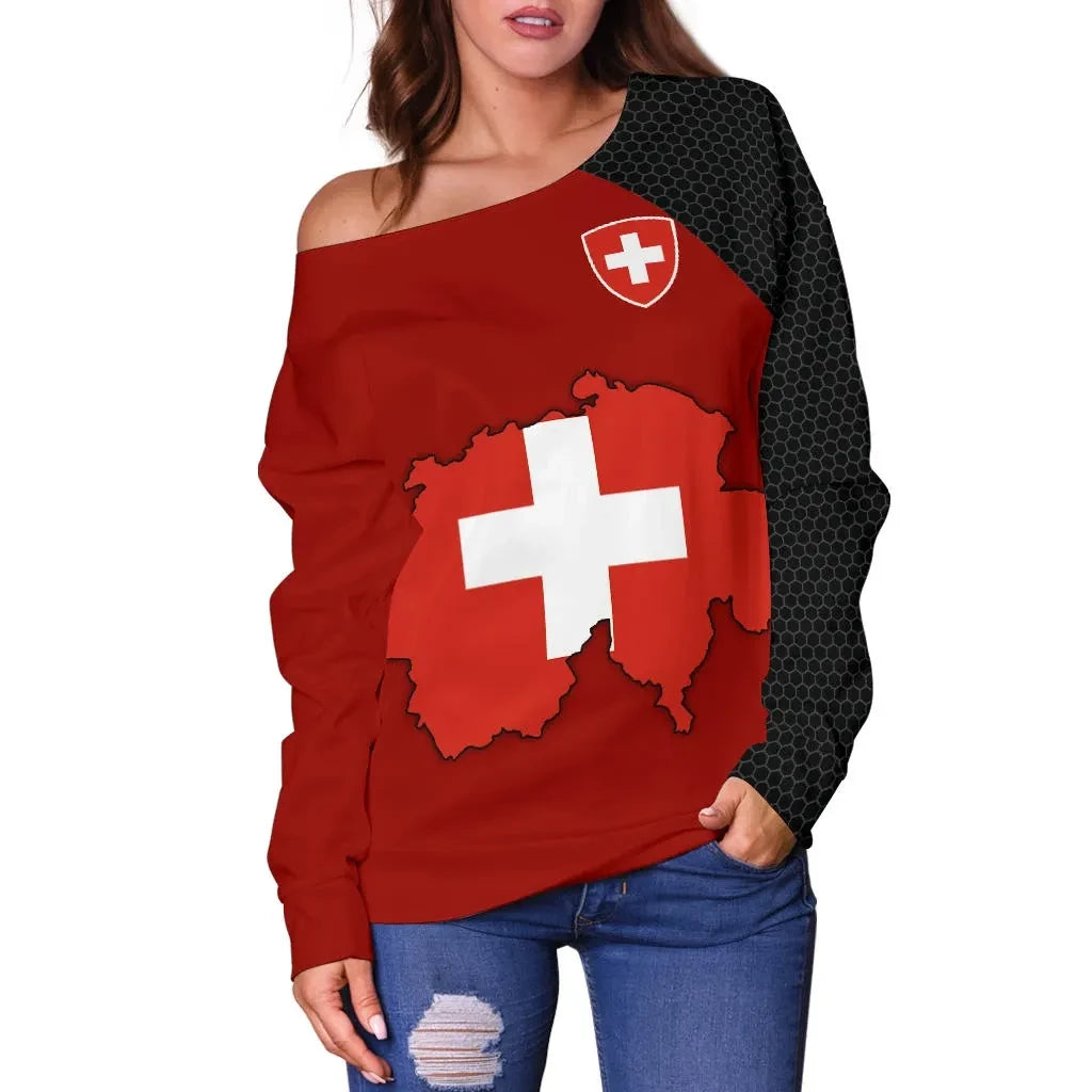 Switzerland Map Special Off Shoulder Sweater