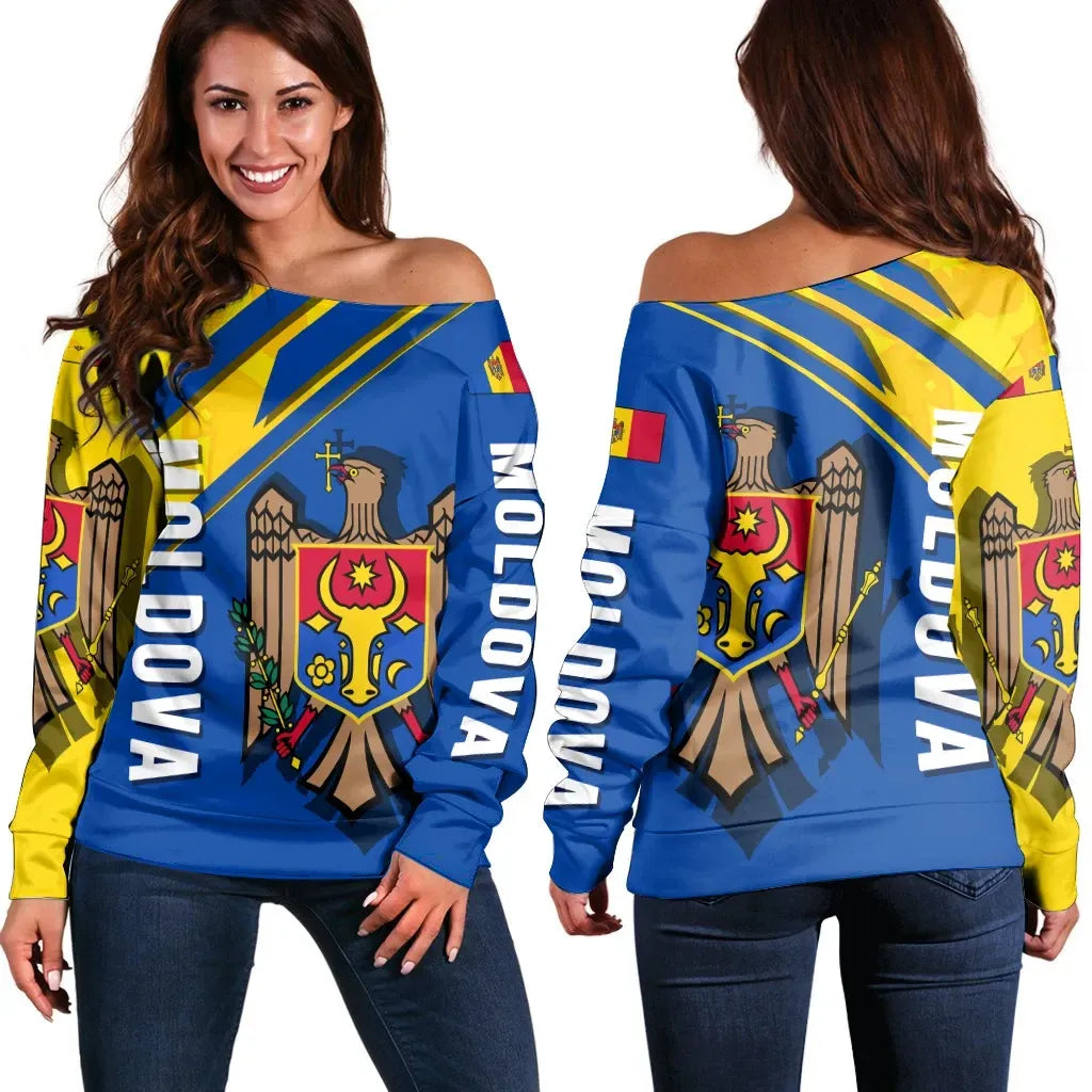 Moldova Off Shoulder Sweater Flag and Coat Of Arms