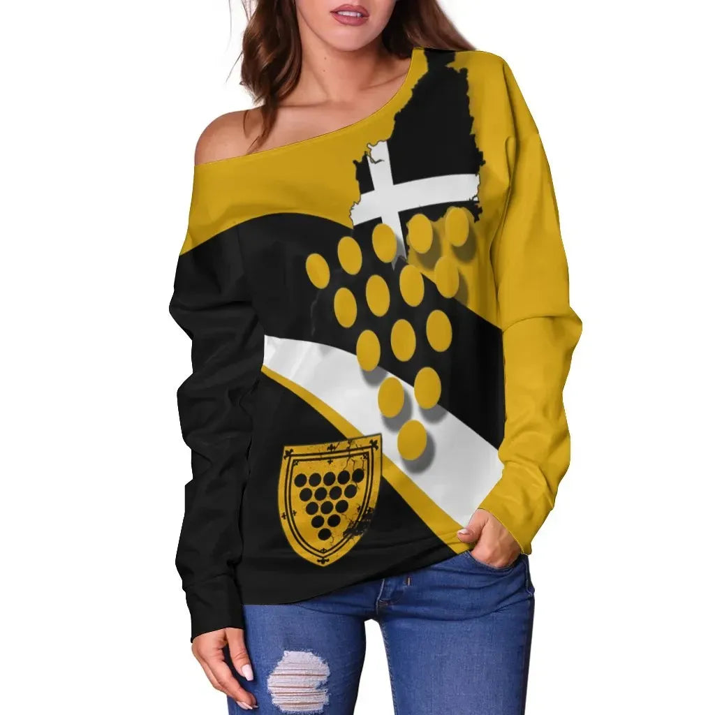 Cornwall Celtic Women's Off Shoulder Sweater Cornish Flag With Duke of Cornwall Version 2