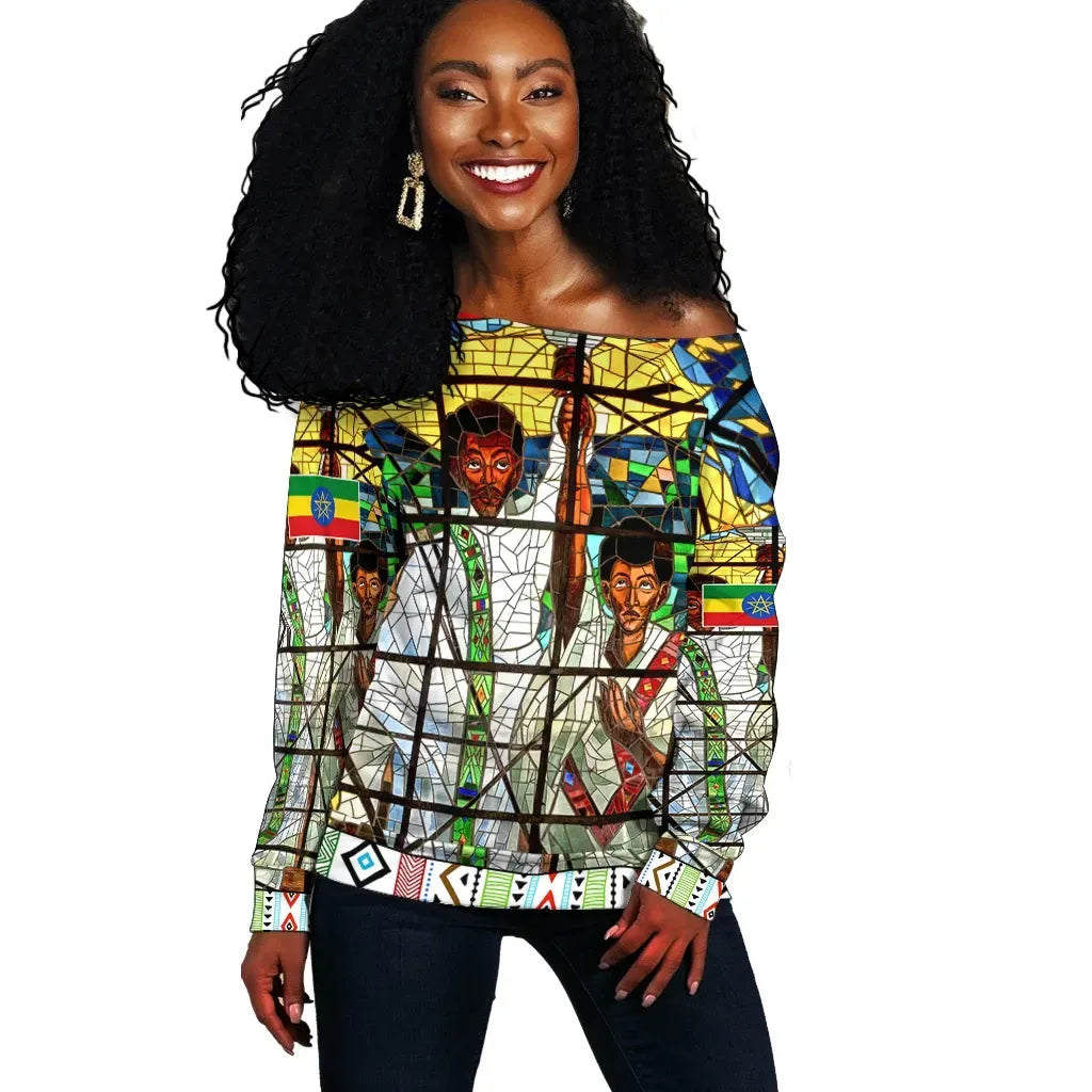 Ethiopia Off Shoulder Sweater Ethiopian Orthodox Flag Women
