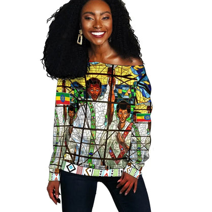 Ethiopia Off Shoulder Sweater Ethiopian Orthodox Flag Women